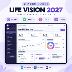 2027 Life Planner | Digital Dashboard, Goal, Habit, Budget, Wellness, Meal & Journal Tracker | Interactive HTML App, Calendar, Productivity