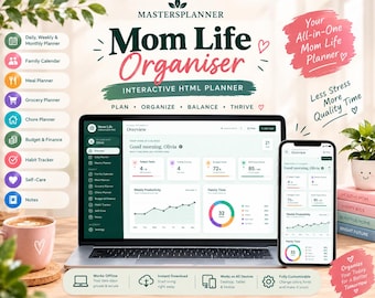 Mom Life Organizer, All-in-One HTML Life Planner, Offline Digital Family Calendar, Meal Planner, Chore Tracker, Budget & Routine Organizer