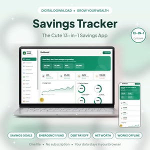 May include: A digital savings tracker app displayed on a laptop and smartphone screen. The interface features a green and white dashboard with financial metrics, savings goals, charts, and the text Savings Tracker, 13-in-1, and Grow Your Wealth.