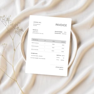 Könnte beinhalten: Eine weiße Rechnung mit schwarzem Text, einschließlich des Wortes "INVOICE" oben. Die Rechnung enthält Details wie Firmenname, Adresse, Rechnungsnummer, Datum und detaillierte Kosten. Die Rechnung liegt auf einem weißen Teller mit weißem Hintergrund.