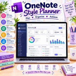 Peut inclure: Un ordinateur portable affichant un tableau de bord OneNote Style Planner avec des graphiques, des listes de tâches et des suivis de progression. L'écran présente du texte incluant Plan, Organize, Achieve et Good evening. Des accessoires entourent l'appareil.