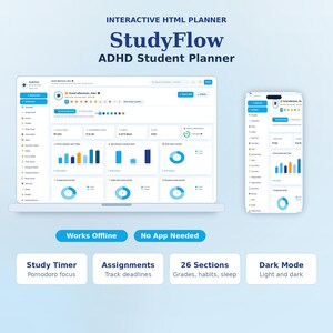 ADHD-studentenplanner | Studiedashboard, huiswerk- en opdrachtenplanner, academische organizer, tijdmanagement, doelen, examen- en lesplanner