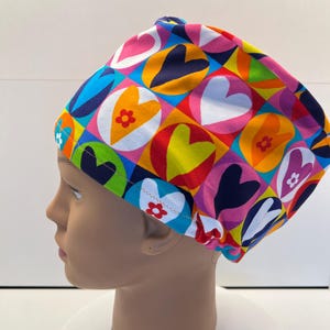 Patchwork Hearts Jersey Fabric Theatre Scrub Cap / Hat.  Uk Handmade. Standard and Large size