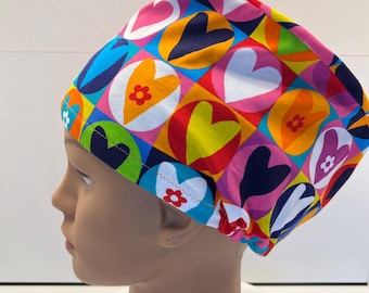 Patchwork Hearts Jersey Fabric Theatre Scrub Cap / Hat.  Uk Handmade. Standard and Large size