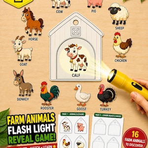Op de afbeelding: Een boerderijdieren zaklamp onthulspel met cartoonillustraties van een koe, varken, schaap, paard, kip, geit, ezel, haan, gans en kalkoen. Een gele zaklamp verlicht een kalf in een schuurvormige kaart met tekstlabels.