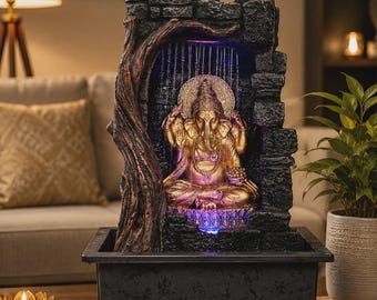 Ganesha Polystone Tabletop Fountain, Golden Waterfall, LED Lights, Spiritual Decor