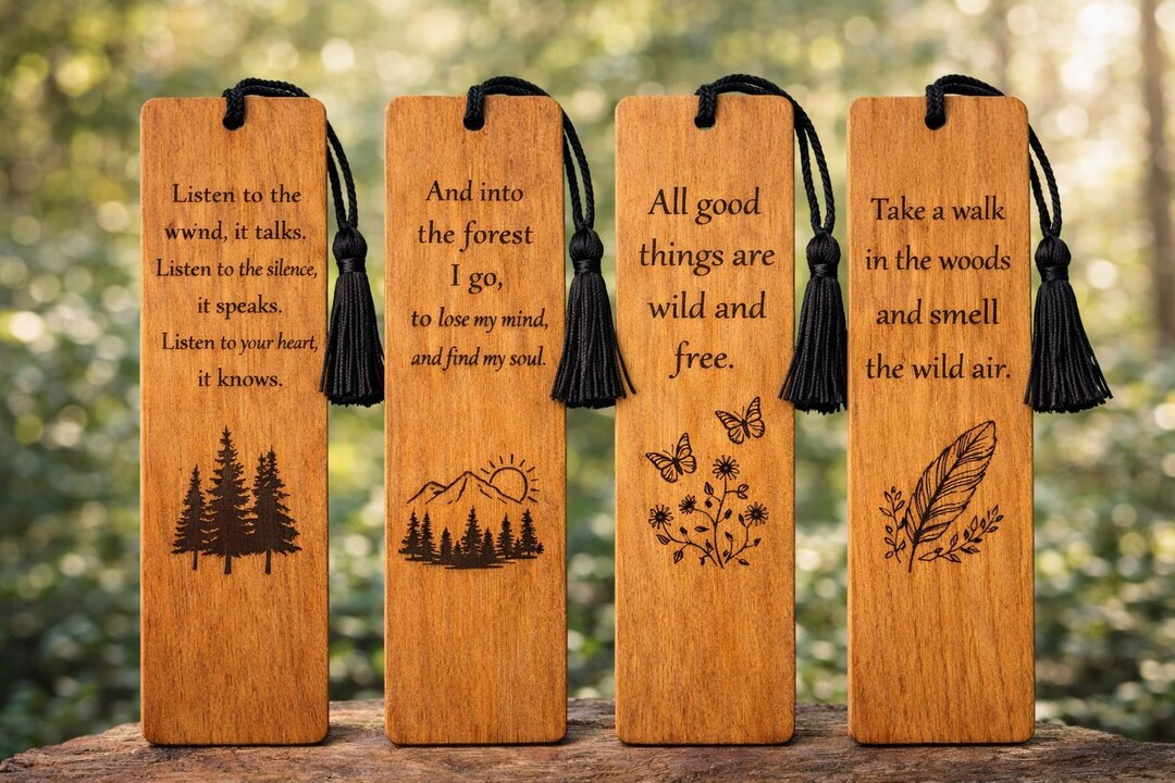 Wooden Bookmark Set – Engraved Forest Quotes, Nature Tassels – Rustic ...