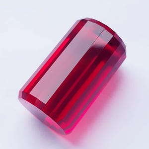 May include: A vibrant, deep red gemstone with a cylindrical shape and multiple vertical facets. The stone is translucent, allowing light to pass through its polished surface, creating sharp edges and a clear, uniform crimson color throughout the piece.