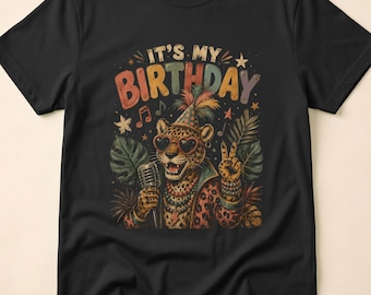 Funny Leopard Birthday Shirt, Party Animal Retro Disco Tropical Aesthetic Colorful Celebration Cute Cheetah Graphic Design