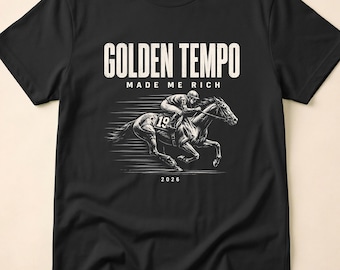 Golden Tempo Horse Racing Vintage Jockey Speed Graphic Racing Fan Derby Style Fast Horse Athletic Design 2026