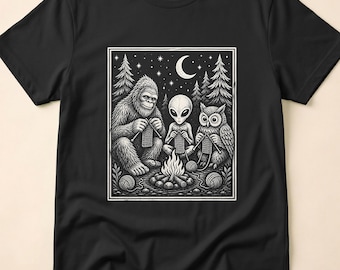 Bigfoot Alien Owl Knitting Funny Cryptid Campfire Gothic Forest Yarn Lover Humor Vintage Etching Weirdcore Cozy Design