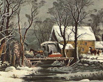 Currier & Ives &quot;Winter in the Country - The Old Grist Mill&quot; [1864]  15 x 11.5&quot; vintage book page