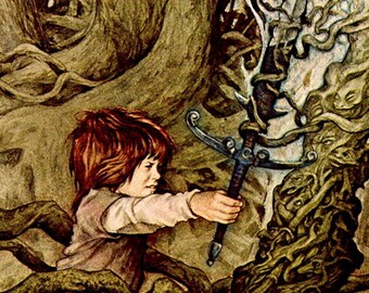 Vintage fantasy art book page Brian Froud "His fingers closed around the sword's grip..." From The Sword of Thrac unpublished 1976