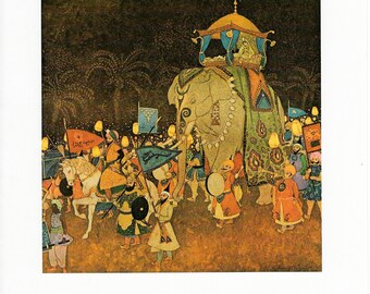 Edmund Dulac illustration "The final marriage procession - Princess Badoura..." Vintage book page