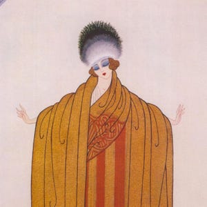 May include: An illustration of a woman in a gold-colored wrap with black vertical lines. She wears a fur hat with a white band and a red and orange patterned dress. The woman has blue eyeshadow and red lipstick.