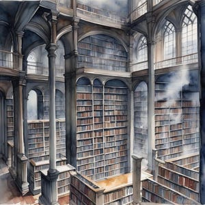 May include: A watercolor painting of a grand library with tall bookshelves filled with books. The library has a high ceiling and large windows. The painting is done in a realistic style and captures the beauty and grandeur of the library.
