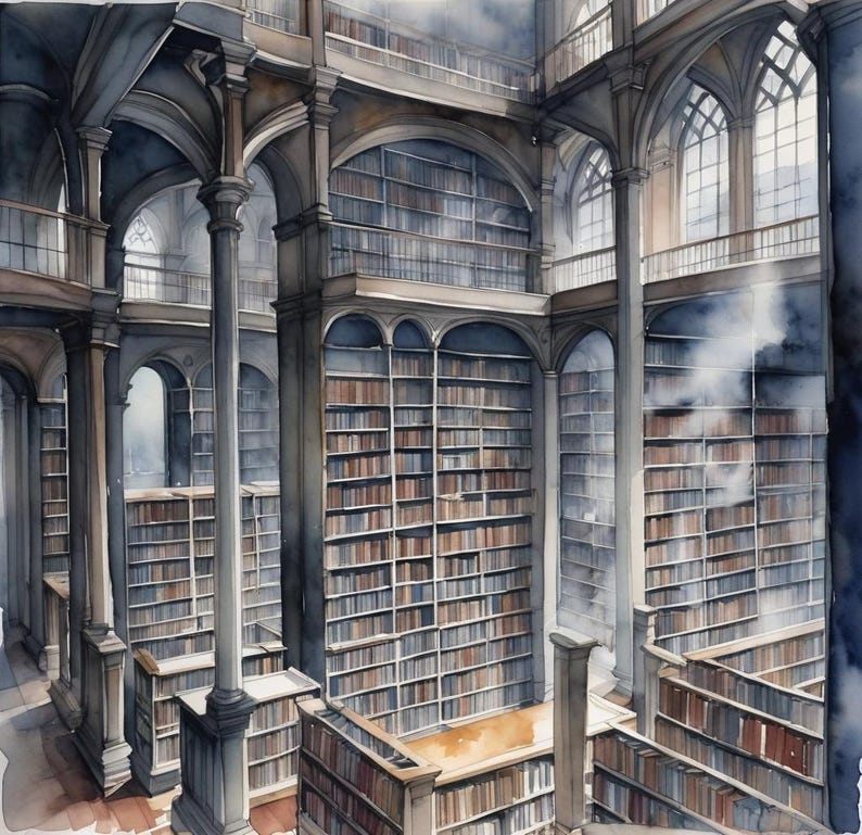 May include: A watercolor painting of a grand library with tall bookshelves filled with books. The library has a high ceiling and large windows. The painting is done in a realistic style and captures the beauty and grandeur of the library.