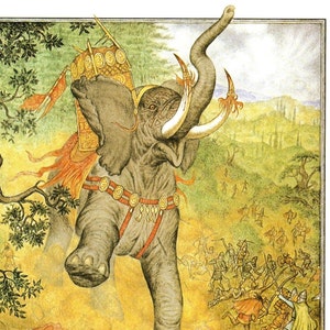 May include: An illustration of a gray elephant with large tusks, adorned with a decorative headdress and saddle. The elephant is in a forest setting, with a battle scene in the background. The artwork has a vintage, storybook style.