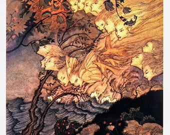 The Tempest Arthur Rackham 1926 art "... and sometimes voices" Color vintage art book page