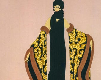 Vintage Erte Fashion Print: "Fox Fur/Stolen Kisses" Two-sided art book page