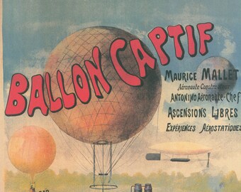 Antique Aviation Art "Balloon Captif / Cirque D' Ete" 1880/1890 Vintage 9 3/4 x 13" art book page