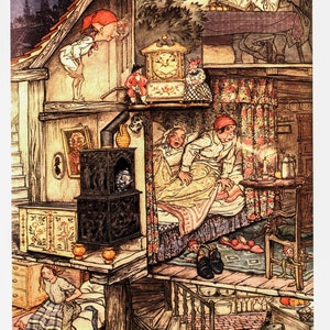 May include: A detailed illustration of a multi-level house with a family inside. The house is filled with furniture, including a bed, a stove, a table, and a clock. There are also several small figures, including a man reading a book, a woman in bed, and a child looking out a window.