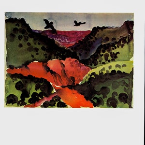 May include: Abstract watercolor painting of a landscape with red, green, and purple hills. Two black birds fly in the sky above the hills.
