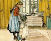 The Kitchen - Suzanne and Kersti churning butter 1900 Carl Larsson Vintage art book page Victorian watercolor illustrators