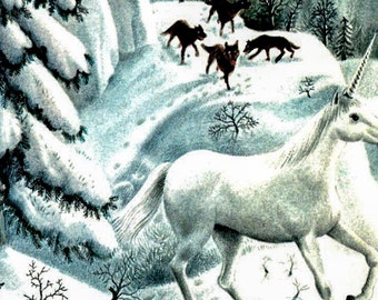 Gervasio Gallardo Vintage art book page "Winter Unicorn", left portion