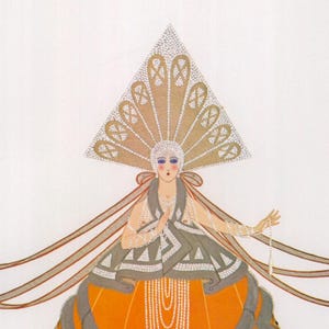 May include: An illustration of a woman in a stylized Art Deco dress. The dress is orange with a gray and white geometric design. The woman wears a large, ornate headdress and long strands of pearls.
