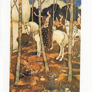 Arabian Nights Edmund Dulac  &quot;After these, maidens on white horses...&quot; Vintage book page FREE SHIPPING