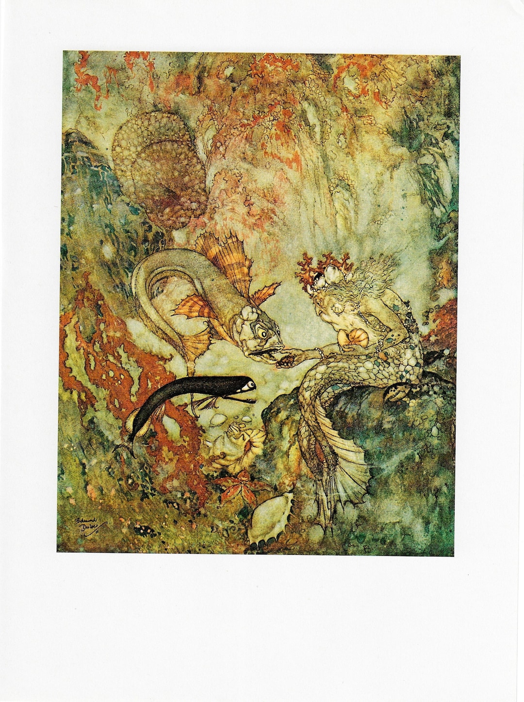 The Little Mermaid Hans Andersen stories Edmund Dulac  [1911] &quot;The Merman King had been for many years...&quot; Vintage art book page
