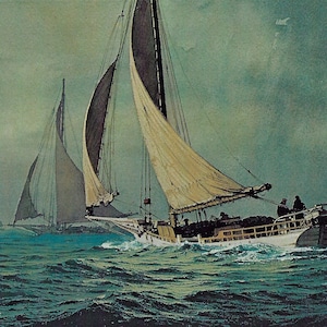 May include: Watercolor painting of two sailboats at sea. The boats have white hulls and tan sails, with dark masts. The water is a deep blue-green, and the sky is overcast. The painting evokes a sense of movement and the open sea.