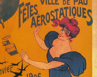 Antique Aviation Art "Fetes Aerostatiques" 1906 Vintage art book page