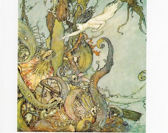 The Little Mermaid Hans Andersen stories Edmund Dulac  [1911] "which sparkled in her hand like a shining star..." Vintage art book page