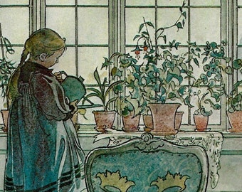 Flowers on the Windowsill 1900 Carl Larsson Vintage art book page Victorian illustration