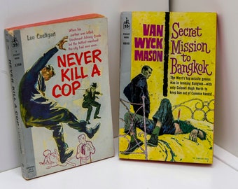 Murder Mystery Double Feature "Never Kill a Cop" & "Secret Mission To Bangkok" First Edition Vintage Paperbacks Super-nice! 1959 / 1961