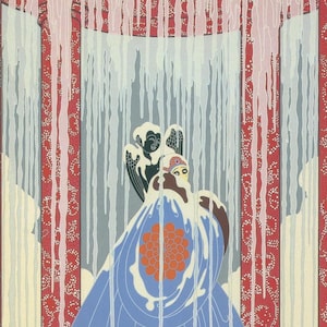 May include: Art Deco illustration featuring a figure in a blue cloak with an orange floral design. The background includes vertical red and white striped panels and a waterfall effect, with a dark-skinned angel figure.