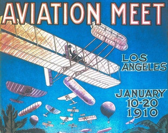 Antique Aviation Art "Los Angeles Aviation Meet" 1910 Vintage 9 3/4 x 13" art book page