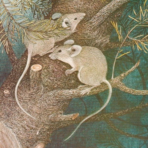 May include: Two brown mice with long tails are perched on a tree branch. The mice are facing different directions, and the branch is covered in green leaves.