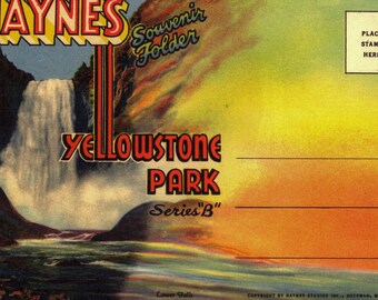 Yellowstone Park vintage Hayne's Souvenir Folder [c.1958] 16 full-color hand-tinted pictures LIKE NEW