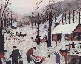 Grandma Moses Vintage book page print "Sugaring Off in Maple Orchard" 1940