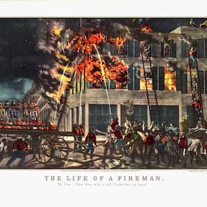Vintage book art "The Life of a Fireman - The Fire" [1854] Currier and Ives  15 x 11.5" vintage book page