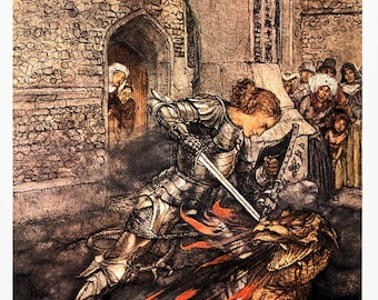 The Romance of King Arthur Arthur Rackham 1917 art "How Sir Lancelot fought..." Vintage art book page