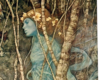 Brian Froud Art Print: Elfin Maid, Knight in Woodland, Vintage Book Page