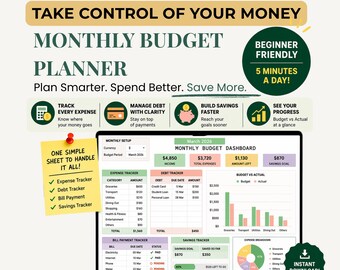 Monthly Budget Planner Google Sheets Template: Expense Tracker, Debt, Bill Payment (Digital Download)