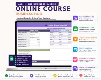 Online Course Seller Hub: Planner, Dashboard, Tracker, CRM, Launch & Funnel for Google Sheets.