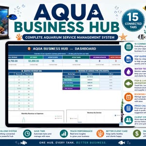 Op de afbeelding: Een digitaal dashboard genaamd Aqua Business Hub voor het beheer van aquariumservices. Het scherm toont financiële gegevens, servicetypes en omzetgrafieken. Een zijbalk bevat 15 verbonden tabbladen, waaronder een PDF-gids en een CRM-systeem.