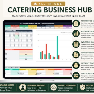Op de afbeelding: Een laptopscherm toont een catering business dashboard met grafieken en gegevens. De tekst luidt "Catering Business Hub" en benadrukt functies zoals evenementen volgen, menu's en inventaris. Extra tekst bevat "Google Sheets" en "Instant Download".