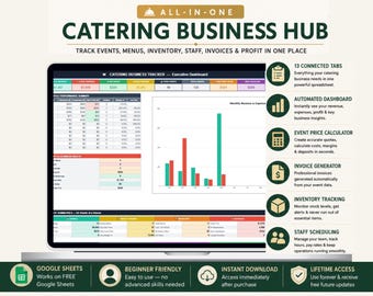Catering Business Tracker Spreadsheet | Catering Planner, Event Booking, Inventory, Invoices, Staff Schedule, Google Sheets